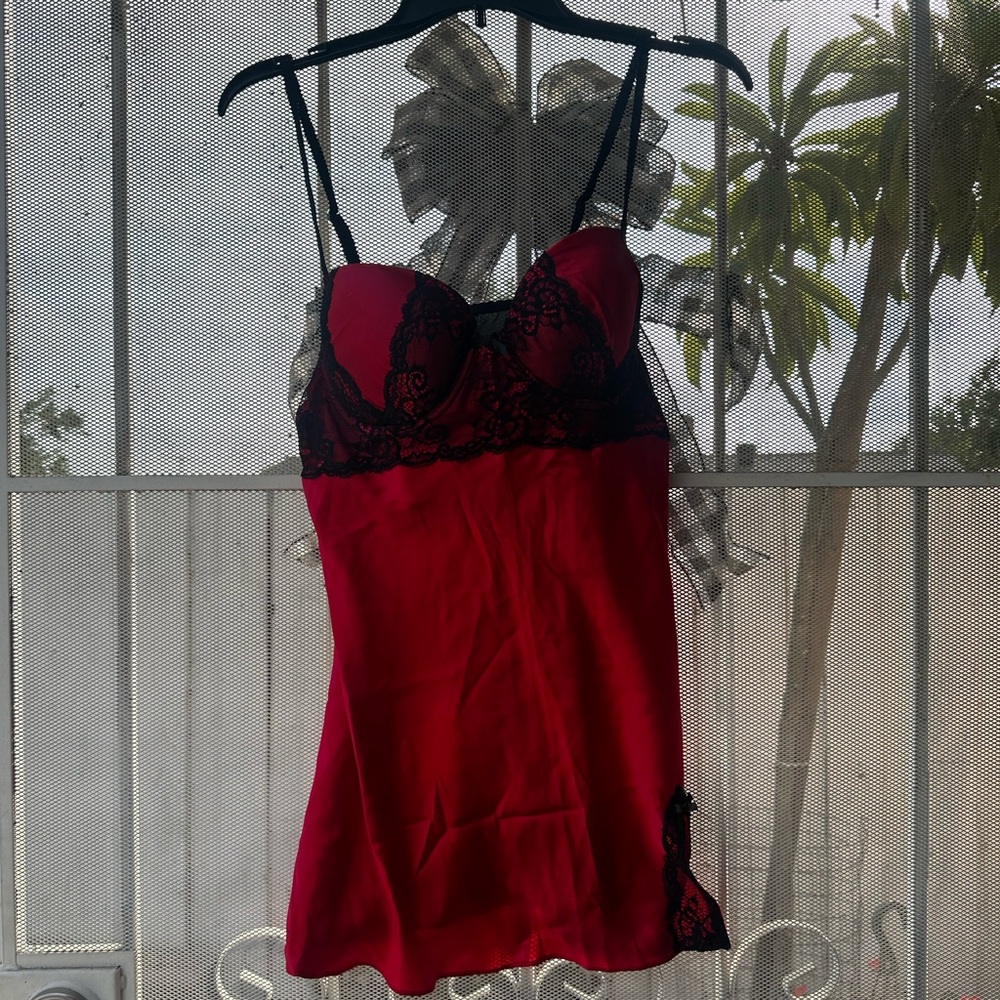 Red and Black Lace Chemise Babydoll Matching set Thong